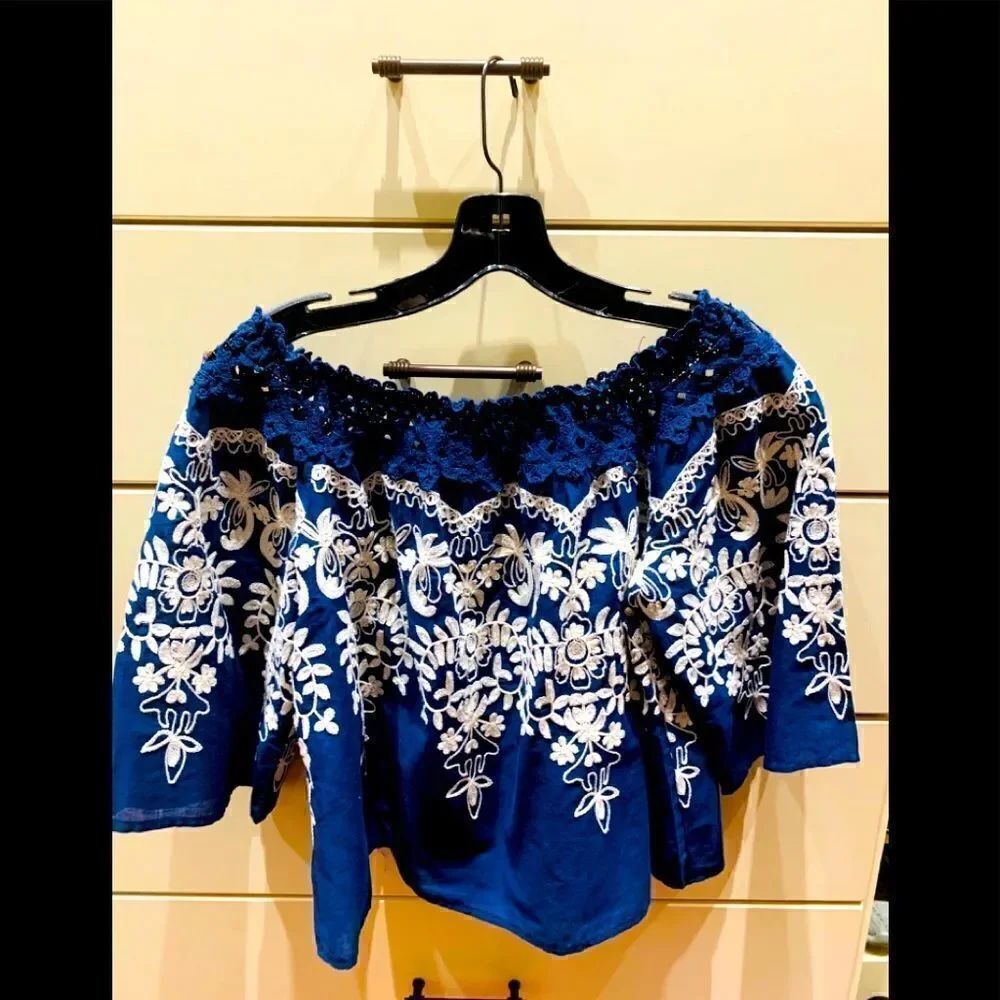 Navy blue Embroidered off shoulder